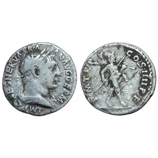 Traianus Denarius, római ezüst érme P M TR P COS IIII P P – Kr.u. 101-102, RIC 52