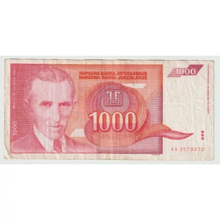 1992 1000 dinara bankjegy (Jugoszlávia) – Nikola Tesla portréjával