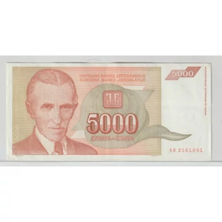 1993 5000 dinara bankjegy (Jugoszlávia) – Nikola Tesla portréjával
