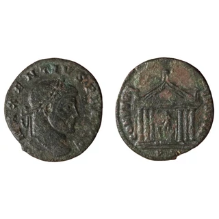 Maxentius follis római bronz érme, CONSERV VRB SVAE – Ticinum verde – Kr.u. 307, RIC VI 91 p