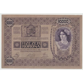 1918 10000 korona bankjegy (Osztrák–Magyar Monarchia) aUNC, felülbélyegzés nélküli, két nyelvű változat- R!!