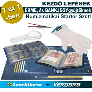 Numizmatikai  Starter, Kezdőcsomag ÉRME és BANKJEGYGYŰJTŐKNEK, 7 az 1-ben: 2 Album, Nagyító, Kesztyű, Csipesz, 2 Munkapad
