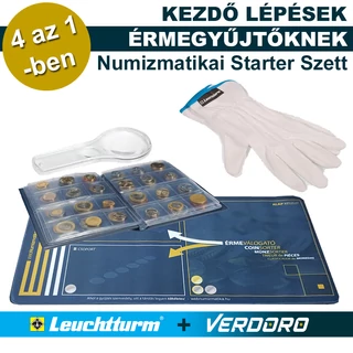 Numizmatikai Starter, Kezdőcsomag ÉRMEGYŰJTŐKNEK, 4 az 1-ben: Érmealbum, Nagyító, Kesztyű, Munkapad, 