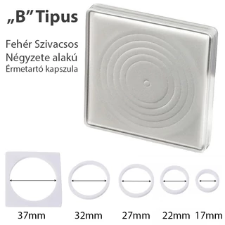 Fehér habbetétes, szögletes érmekapszula 17, 22, 27, 32, 37 mm