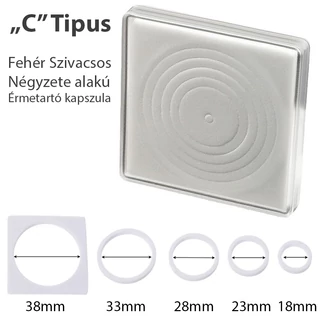 Fehér habbetétes, szögletes érmekapszula, 18, 23, 28, 33, 38 mm