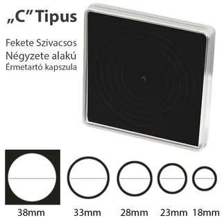 Fekete habbetétes, szögletes érmekapszula, "C" típus 18-23-28-33-38mm