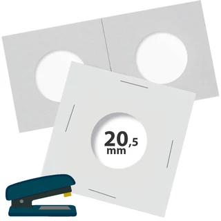 Tűzőkapcsos érmetartó keret, karton 20,5 mm-es átlátszó ablakkal 50x50 mm-es alapon