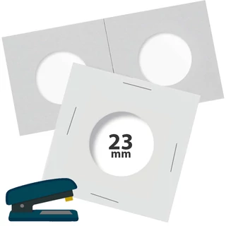 Tűzőkapcsos érmetartó keret, karton 23 mm-es átlátszó ablakkal 50x50 mm-es alapon