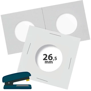 Tűzőkapcsos érmetartó keret, karton 26,5 mm-es átlátszó ablakkal 50x50 mm-es alapon
