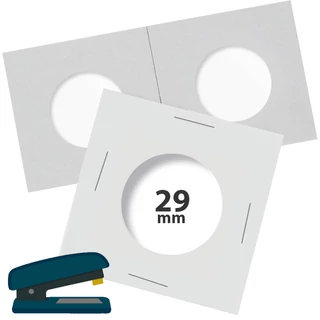 Tűzőkapcsos érmetartó keret, karton 29 mm-es átlátszó ablakkal 50x50 mm-es alapon