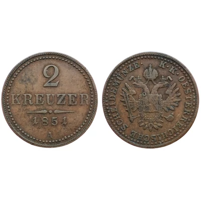 1851 2 Kreuzer (Krajcár) érme, "B" verdejel