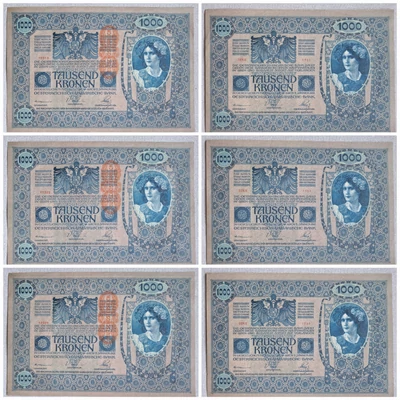 1902 1000 korona 3 db aUNC bankjegy azonos sorozatból, majdnem sorszámkövető
