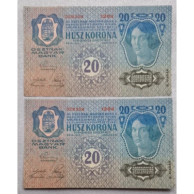 1913 20 korona sorszámkövető UNC bankjegy pár