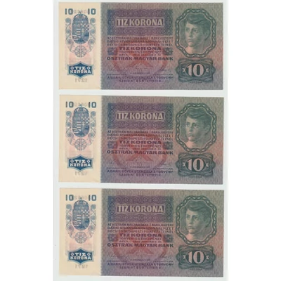 1915 10 Korona 3 db Sorszámkövető aUNC-UNC bankjegy