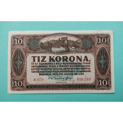 1920 10 korona hajtatlan bankjegy Numizmatika-bankjegyek