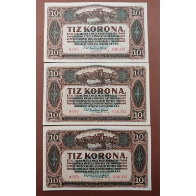 1920 10 korona 3 db-os hajtatlan bankjegy sor. Sorszámkövető pár és sorközeli db Numizmatika-bankjegyek