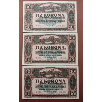 1920 10 korona 3 db-os hajtatlan bankjegy sor. Sorszámkövető pár és sorközeli db Numizmatika-bankjegyek