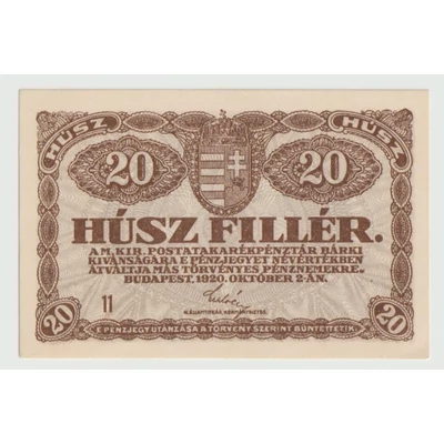 1920 20 Fillér hajtatlan UNC bankjegy