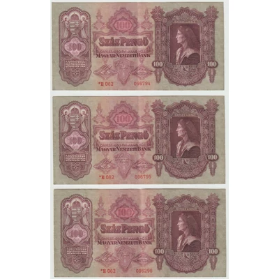 1930 100 Pengő 3 db sorszámkövető Extra Fine bankjegy, csillagos változat