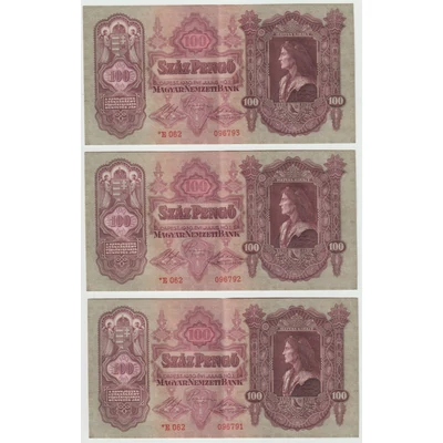 1930 100 Pengő 3 db sorszámkövető Extra Fine bankjegy, csillagos változat