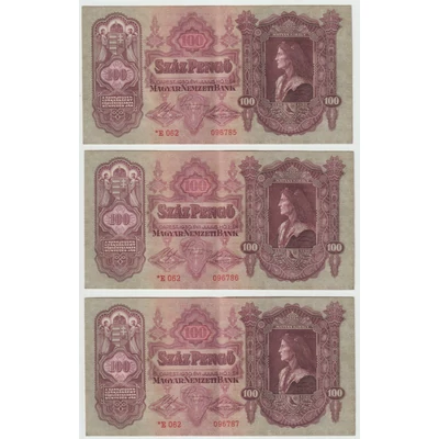1930 100 Pengő 3 db sorszámkövető Extra Fine bankjegy, csillagos változat