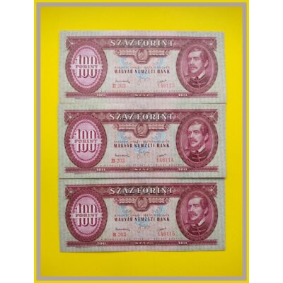 1949 100 forint 3 db XF sorszámkövető bankjegy. Középen törésmentes hajlás! Numizmatika-bankjegyek