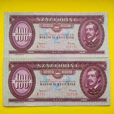 1962 100 forint sorszámkövető bankjegy pár Numizmatika - bankjegyek