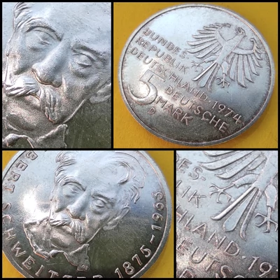 1974 NSZK ezüst emlék 5 márka érme G verdejel Albert Schweitzer