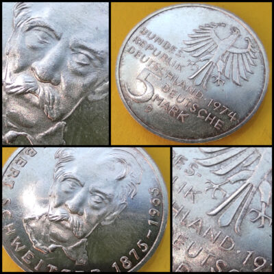 1974 NSZK ezüst emlék 5 márka érme G verdejel Albert Schweitzer