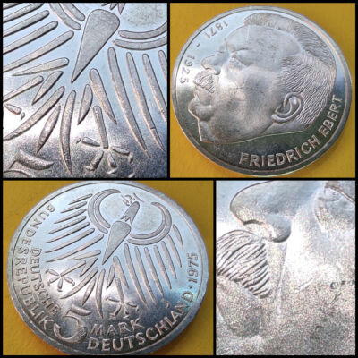 1975 NSZK ezüst emlék 5 márka érme J verdejel Friedrich Ebert