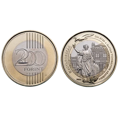 2025 200 forint forgalmi emlékváltozat, a Magyar Tudományos Akadémia 200. évfordulója emlékveret, verdefényes állapotban, rollniból