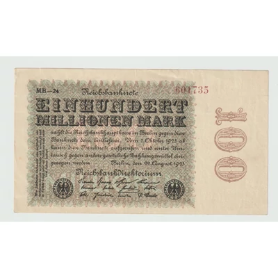 1923 100 milló Márka - Einhundert Millionen Mark bankjegy - Reichsbanknote Németország