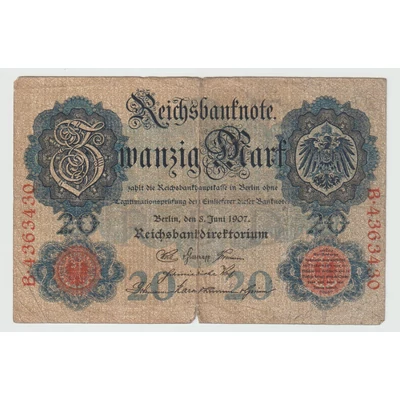 1907 Zwanzig Mark - német 20 márka bankjegy - Reichsbanknote