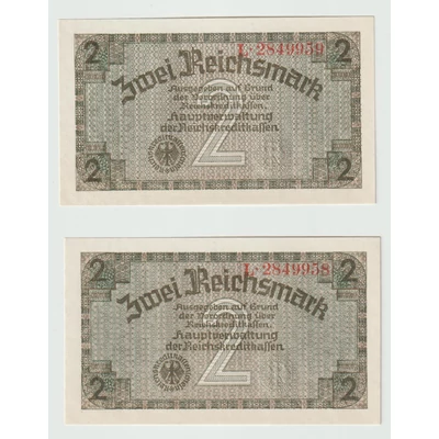 1939-45 2 Reichsmark bankjegypár – Német Birodalom – sorszámkövető UNC