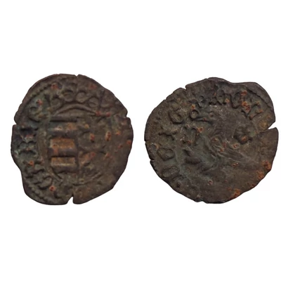I. Mátyás dénár – Buda, n–E verdejegy (1465) — ÉH 558/l