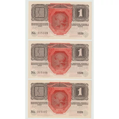 1916 1 Korona 3 db UNC sorszámkövető bankjegy 1 szám ugrással