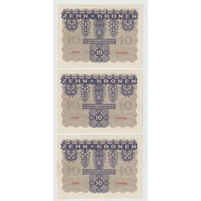 1922 Zehn Kronen (10 Korona) 3 db sorszámkövető UNC  Osztrák bankjegy