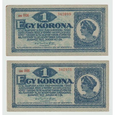 1920 1 Korona Államjegy 2 db aUNC papírpénz - sorszámközeli pár 