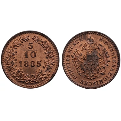 1885 5/10 Krajcár réz érme – I. Ferenc József