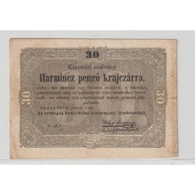 1849 30 Pengő Krajczárra Kincstári Utalvány