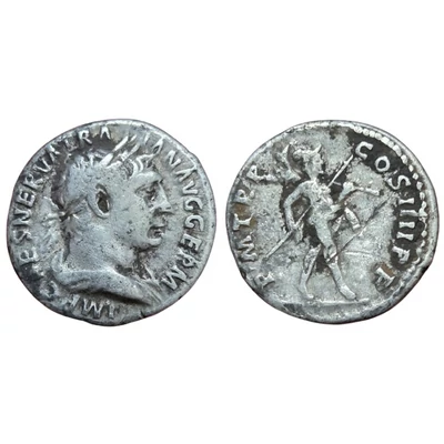 Traianus Denarius, római ezüst érme P M TR P COS IIII P P – Kr.u. 101-102, RIC 52
