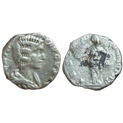Julia Domna Denarius, római ezüst érme VESTAE SANCTAE – Kr.u. 197, RIC 648