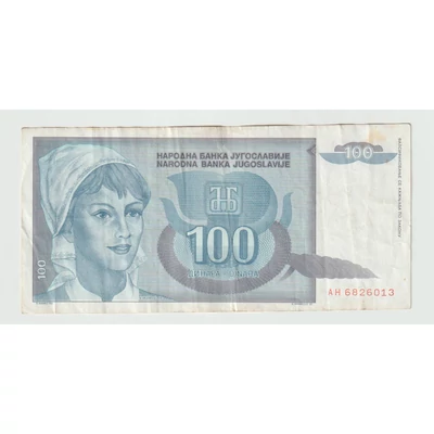 1992 100 dinara bankjegy (Jugoszlávia) – fejkendős nőalak és stilizált búzakalász motívummal