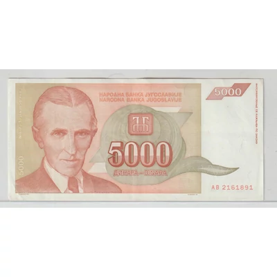 1993 5000 dinara bankjegy (Jugoszlávia) – Nikola Tesla portréjával