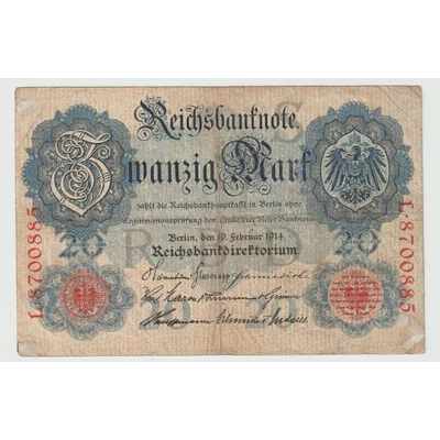 1914 Zwanzig Mark - német 20 márka bankjegy - Reichsbanknote