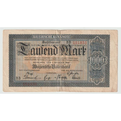1922 1000 Márka bankjegy, Bajorország – Bayerische Notenbank