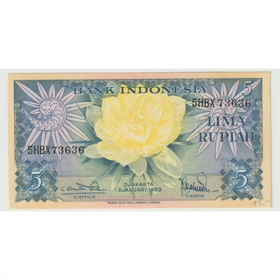 1959 5 Rupiah bankjegy, Indonézia – virág és madarak