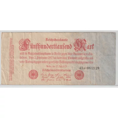 Németország 500 000 Márka bankjegy, 1923 – Reichsbanknote – Pick P#92