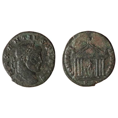 Maxentius follis római bronz érme, CONSERV VRB SVAE – Ticinum verde – Kr.u. 307, RIC VI 91 p