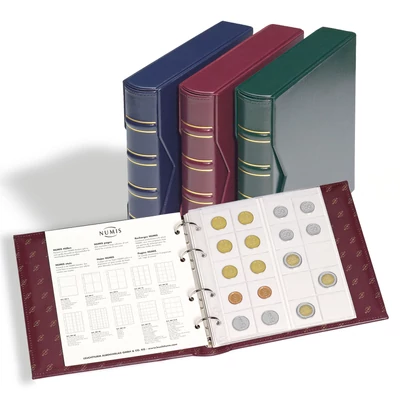 Leuchtturm NUMIS gyűrűs album klasszikus kivitelben, piros, védőkazettával
